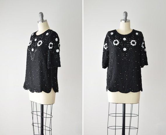 Vintage Beaded Blouse Med / Vintage Sequin Top / B