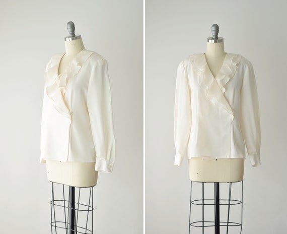 Vintage Ruffle Blouse Med / 90s Ruffle Collar Blou