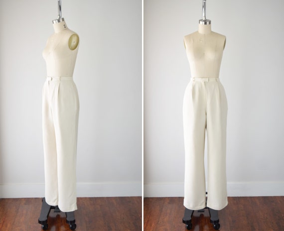 Cream Silk Trousers 27 in / High Waisted Silk Pant