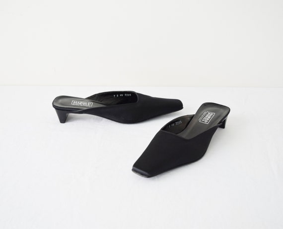 90s Square Toe Mules 7 / Black Satin Mules / Minim