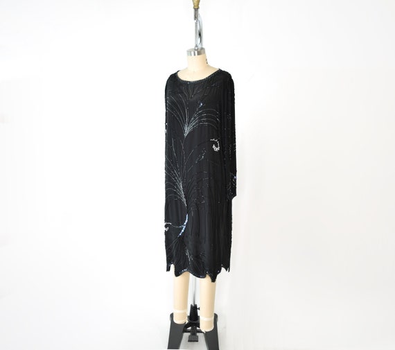 Black Silk Beaded Dress Med / Embellished Midi Dr… - image 1