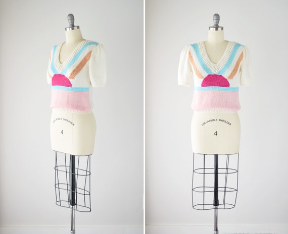 80s Puff Sleeve Sweater Sm / Short Sleeve Handknit