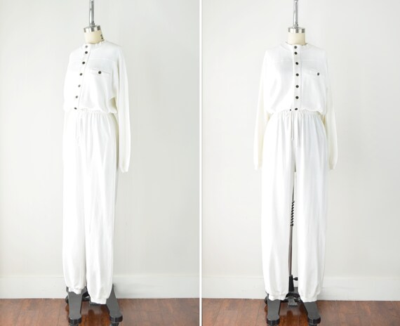 White Knit Jumpsuit XS SM / Buttondown Jumpsuit /