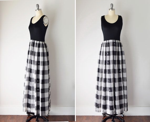 70s Gingham Maxi / Fit and Flare Dress / Black and