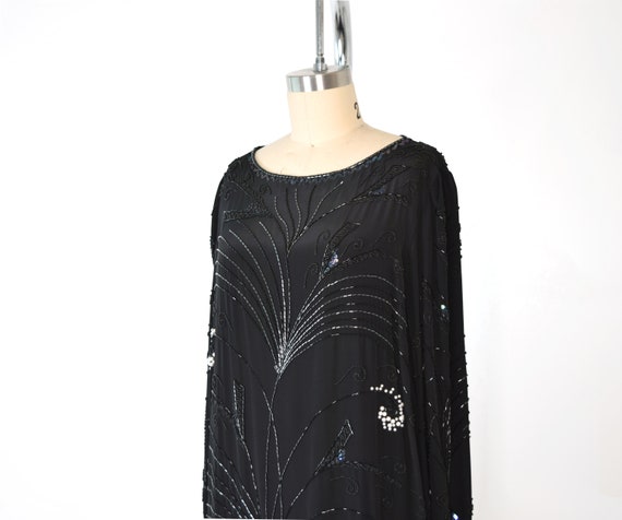 Black Silk Beaded Dress Med / Embellished Midi Dr… - image 9