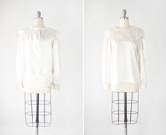 Ivory Ruffle Collar Blouse Med / Lace Collar Shirt