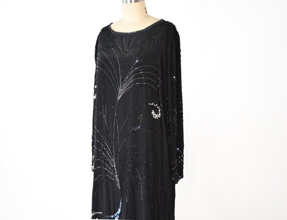 Black Silk Beaded Dress Med / Embellished Midi Dr… - image 4