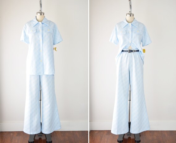 70s Short Sleeve Pant Suit Sm / 2 Piece Print Suit