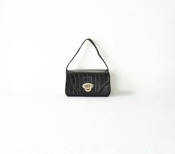 Mini Croc Embossed Box Purse / Black Rectangular B