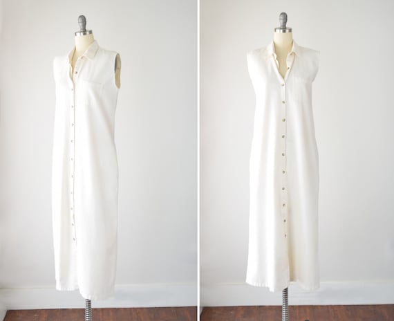 80s Cream Maxi Shirt Dress Lg / Cotton Shirt Dress