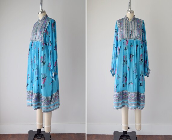 70s India Cotton Gauze Long Sleeve Dress / Indian
