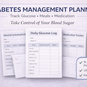 Journal de glycémie du diabète imprimable | Glycémie facile, suivi des médicaments et des repas, agenda simple pour les soignants, téléchargement immédiat au format PDF