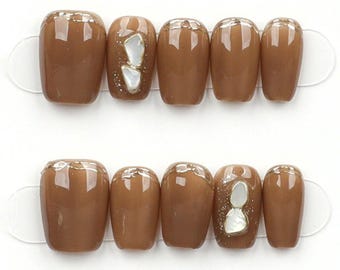 Handmade Toffee Brown Press On Nails: Gem Accents, Glossy Almond Shape