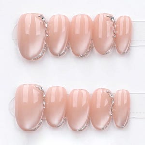 Handmade Blush Pink Press On Nails: Rhinestone Glitter Oval Nail Set