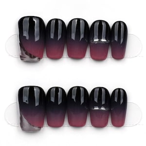 Handmade Ombre Press On Nails: Black to Plum Gradient, Oval Short