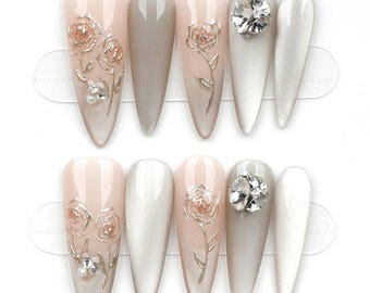 Handmade Blush Pink Stiletto Press On Nails: Frosted Floral, Elegant Gloss