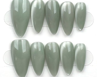 Sage Green Ombre Press-On Nails: Handmade Reusable Almond Set