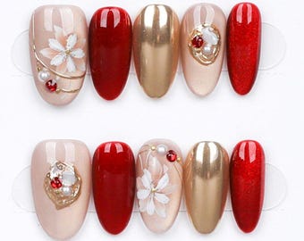 Handmade Red Floral Press On Nails: 3D Gem Almond Nail Set