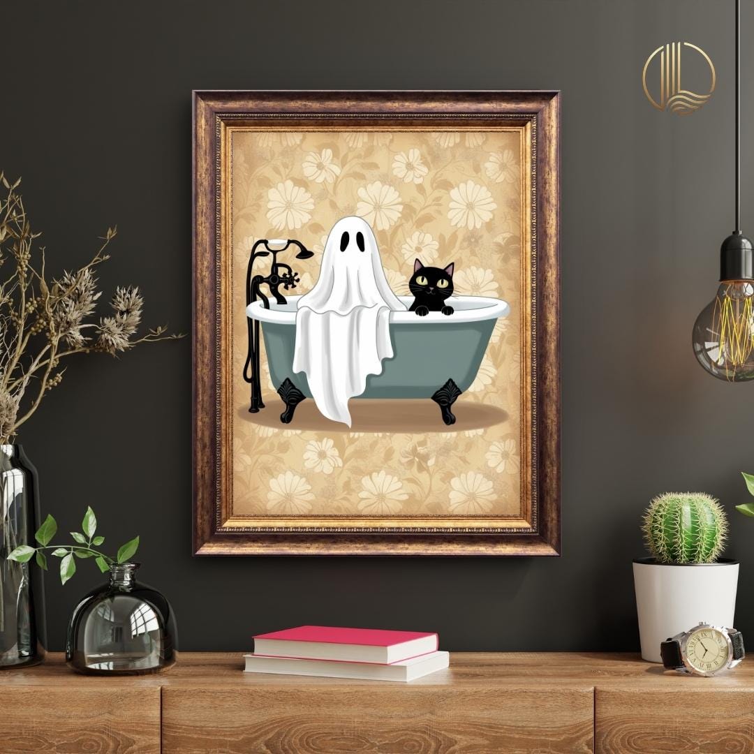 Halloween Printable Wall Art | Cute Ghost & Black Cat | Vintage Bathtub ...
