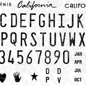 May include: A black and white graphic featuring the word "CALIFORNIA" in three different fonts, along with the alphabet, numbers, months, and various symbols. The design is suitable for crafting projects.