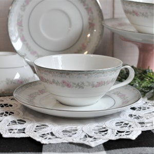 Mikasa Greenbrier 6202, Flat Teacup and Saucer, Replacement Dishes, Aqua Turquoise, Pink Flowers, Hostess, Table Serving, Bridal Tea Party