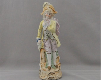Bisque Ceramic Figurine, Painted, French Victorian Man, Louis XV style, Made in Japan, Pastel, Male Royalty, Mismatched Decor, Kitsch, Retro