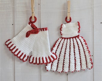 Vintage Handmade Crochet Hot Pot Holder Set, Hot Pads, Trivet, Red and White Kitchen, Dress and Pants, Country Cabin Decor, Wall Display,