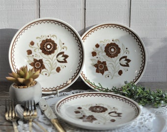 Three USA Made, Bread & Butter Plates, Brown Floral, Zig Zag Trim, Garden Bridal Tea Party, Replacement Dishes,Brown Accent Tablescape Decor