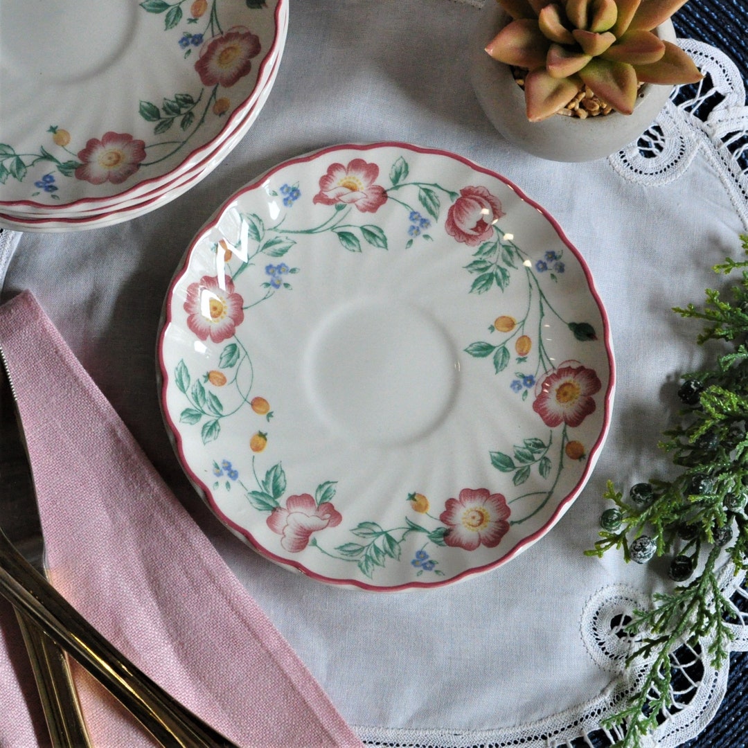 5 Vintage Saucer Plates, Churchill, Briar Rose Pink, Floral