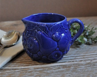 Ceramic Blue Creamer, Embossed Fruit, Cobalt, Replacement Dishes, Accent China Tea Party, Breakfast, Syrup, Sauce, Gravy, Dressing Server
