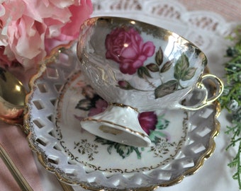 Royal Halsey, Tea Cup & Saucer, Pierced, Lusterware, Pink Floral, Tea Party, Collectible, Fine China, Bridal, Wedding, Shabby, Hostess Gift,