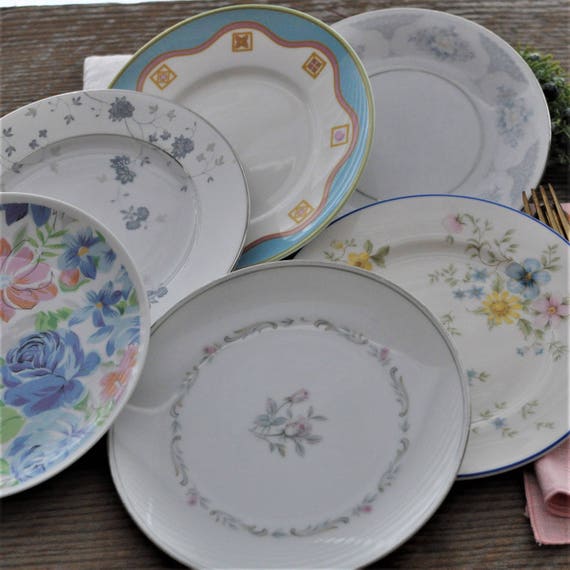 Six Shabby Salad-snack Plate Collection, Mismatched China, Dessert