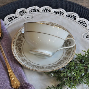 Noritake Cromwell, Tea Cup and Saucer, Tan Scrolls Swirls, Bridal Luncheon, Garden Tea Party, Wedding, Mismatched, Mother&#39;s Day Gift, Shabby