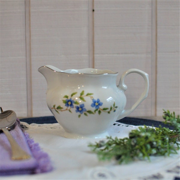 Favolina-Karolina Maria Creamer, Milk Jug, Blue Floral Vine, Made in Poland, Platinum Rim, Sauce, Dressing, Syrup Server, Coffee Tea Time