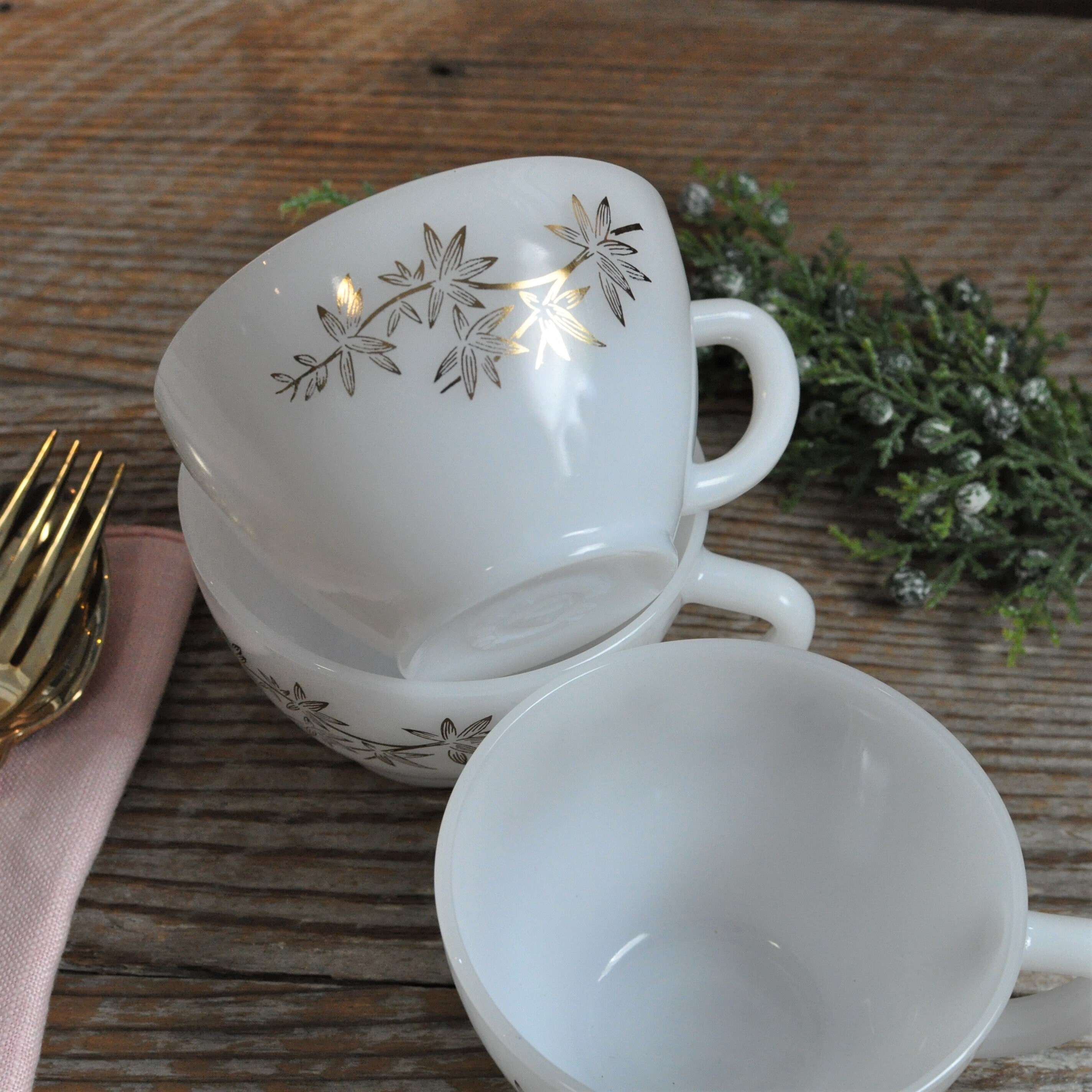 Vintage White Milk Glass Punchbowl & 12 Tea Cup Set Spring Summer