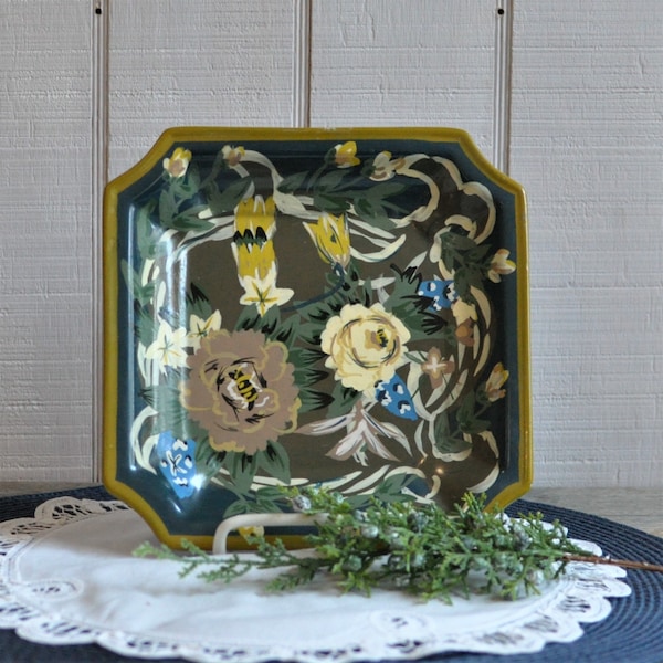 Ceramic Square Painted Plate, Decorative, Blue, Painted Floral, Yellow, Tan Flowers, Curio Display, Country Kitchen, Farmhouse, For Mom, Sis