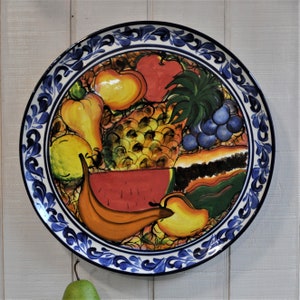 Vintage Ceramic Wall Plate, Serving Platter, Round Tray, Fruit, Cobalt Blue, Colorful, Tropical Decor, Anniversary Gift, Wedding, For Mom