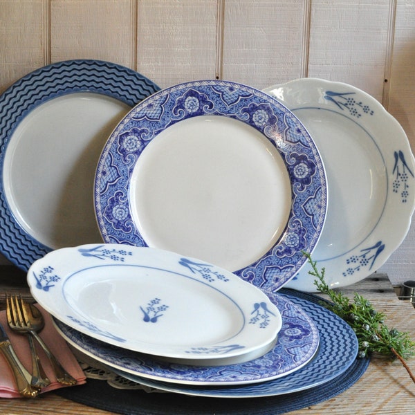 6 Shabby Dinner Plate Collection for Weddings, Mismatched China, Blue Plates, Mix & Match, Vintage Bridal Tea Party, Elegant, Replacement