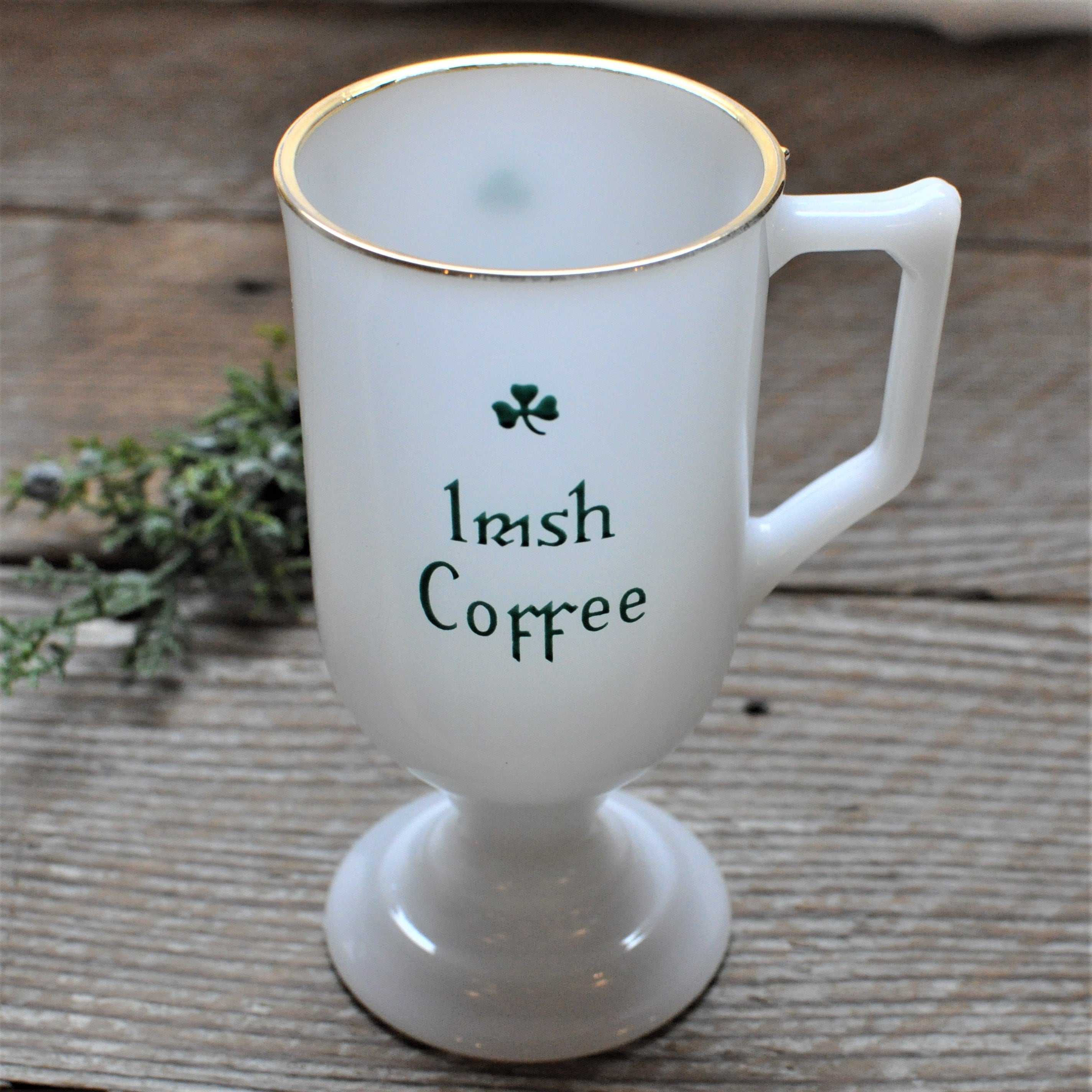 Irish Coffee Mug, Milk Glass, Gold Rim With Pedestal, Tall Footed
