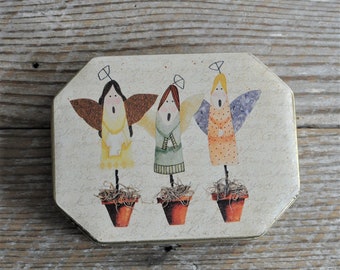Metal Box, Tin Trinket Box, Folk Angel Tin, Country Angels, Holiday, Christmas, Button Storage, Jewelry Rustic Craft Room Bin, Country Cabin