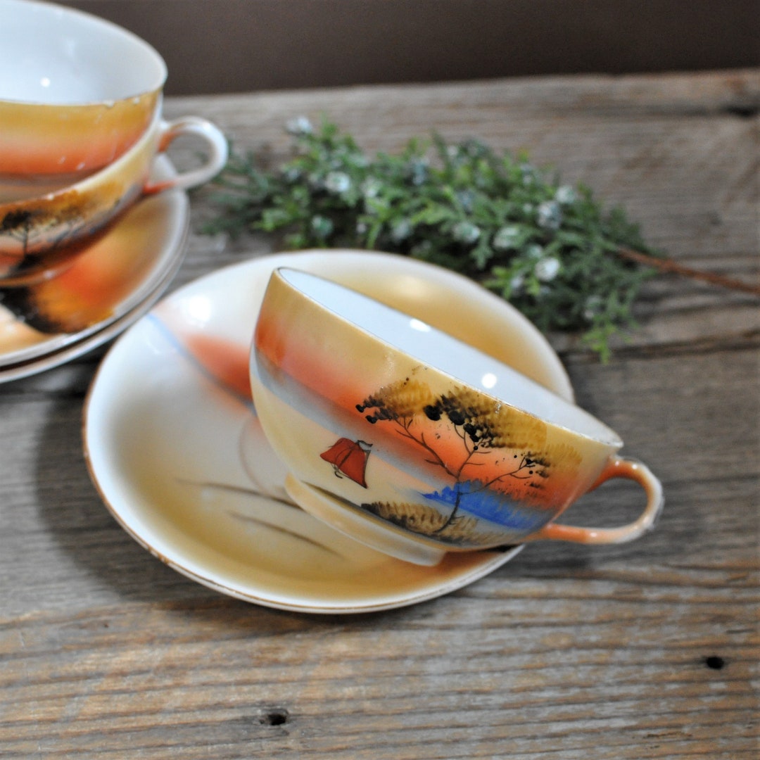 ki-no 三点セット swシェード＋swアンバー＋asinobase Three Vintage Japanese Painted Tea Cups and Saucers, Japan