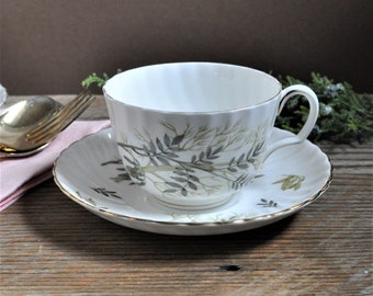 Adderley Teacup and Saucer, Lyncroft, Green Leaf Branch, Scalloped, Replacement, Coffee Tea Lover, Breakfast Tea, Spring Bridal Tea Party,