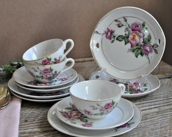 Demitasse and Saucers Set, Japanese Teacup with Tray, Pink Roses, Espresso Cup, Dainty, Spring Bridal Tea Party, For Tea Lover, Teacup Lover