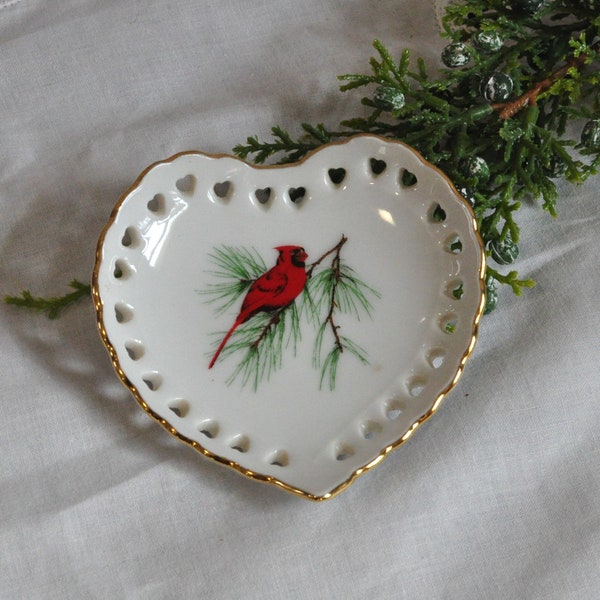 Hazel Ammerman Pierced Ceramic Jewelry, Ring Dish, Display, Key Coin Tray, Cardinal, Red Bird, Holiday Decor, Curio Collection, Heart Shaped