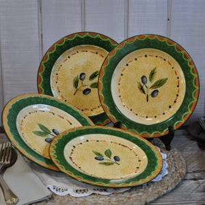 Four Pfaltzgraff, Tuscan Olives, Salad Plates, Olive Branch, Green & Yellow Dessert Plate, Mismatched China, Replacement, Summer Tablescape