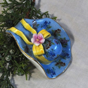 Ceramic Sun Hat, Mini Collection, Flowers, Vintage Curio Decor, Yellow Ribbon, Blue w/ Gold Trim, Vanity Decor, Miniature Collector Gift