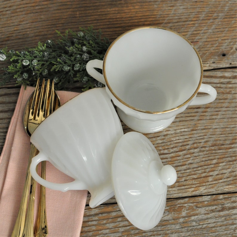 Anchor Hocking Milk Glass Sugar Bowl With Lid & Creamer Gold Etsy