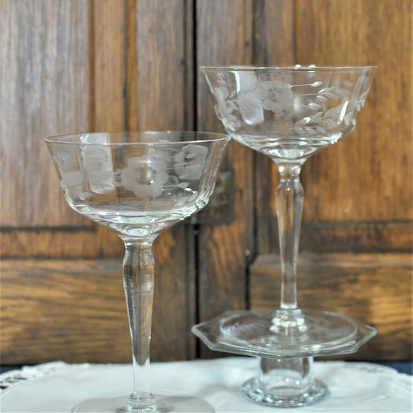 Two Crystal Glass Champagne, Wine Glasses, Etched Floral, Fine Stemware, Wedding New Year Toast, Anniversary Celebration Special Occasion