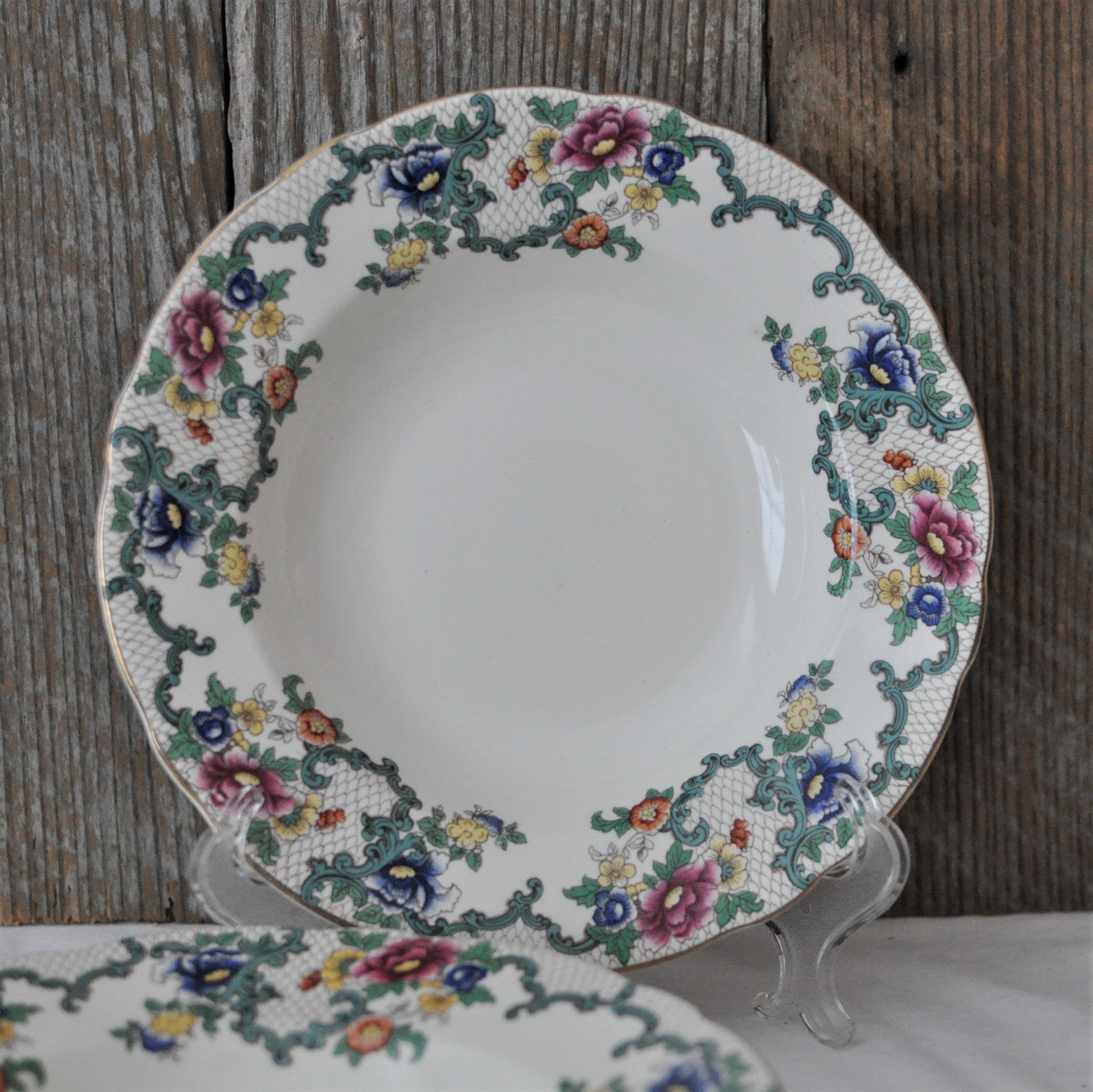 2 Royal Cauldon Floradora Rim Soup Bowls Scalloped Replacement Floral Mismatched Wedding Bridal Luncheon Sunday Dinner