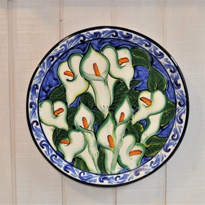 Vintage Ceramic Wall Plate, Serving Platter, Round Tray, Calla Lilies, Cobalt Blue, White Flowers, Tropical Decor, Anniversary, Gift for Mom